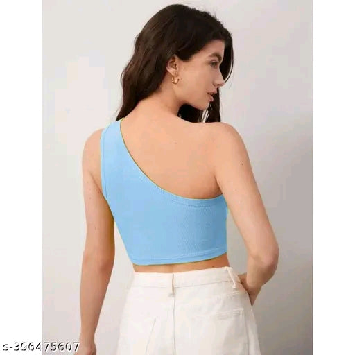 Ribbed Solid One Shoulder Sleeveless Crop Top For Women