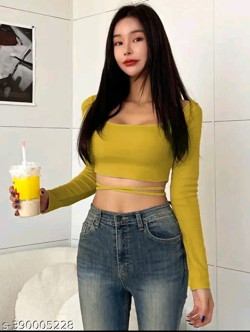 SQUARE NECK WAIST TIE CROP TOP FOR WOMEN FULL SLEEVE GIRL'S TEES