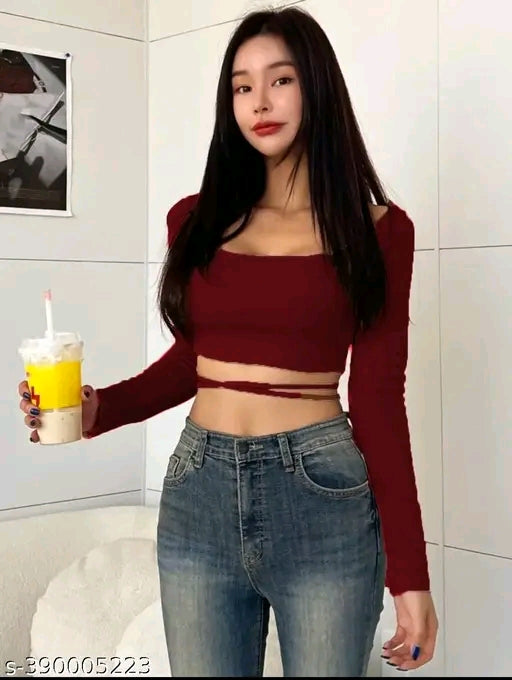 SQUARE NECK WAIST TIE CROP TOP FOR WOMEN FULL SLEEVE GIRL'S TEES