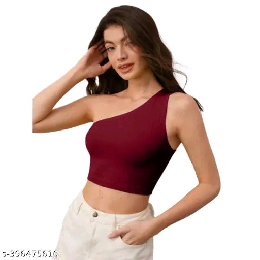 Ribbed Solid One Shoulder Sleeveless Crop Top For Women