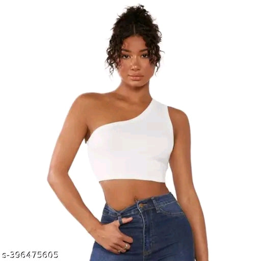Ribbed Solid One Shoulder Sleeveless Crop Top For Women