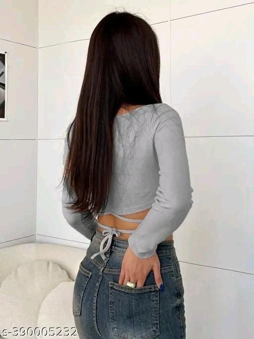 SQUARE NECK WAIST TIE CROP TOP FOR WOMEN FULL SLEEVE GIRL'S TEES