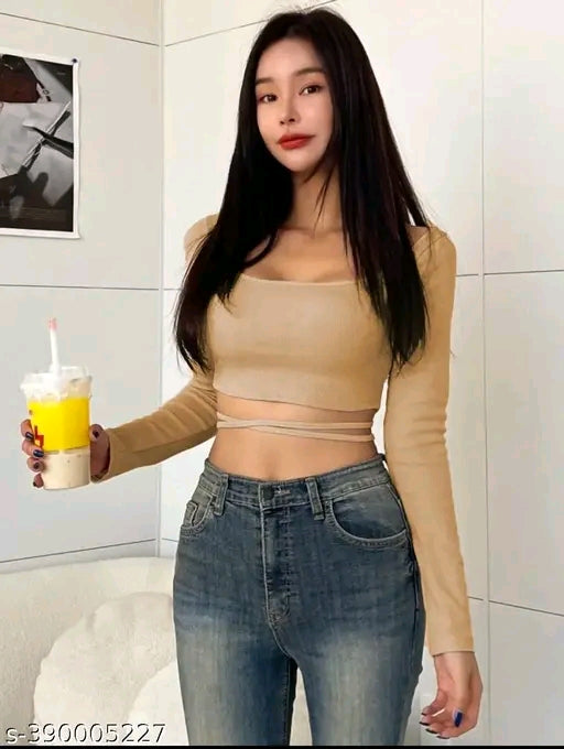 SQUARE NECK WAIST TIE CROP TOP FOR WOMEN FULL SLEEVE GIRL'S TEES