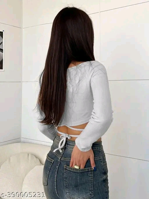 SQUARE NECK WAIST TIE CROP TOP FOR WOMEN FULL SLEEVE GIRL'S TEES