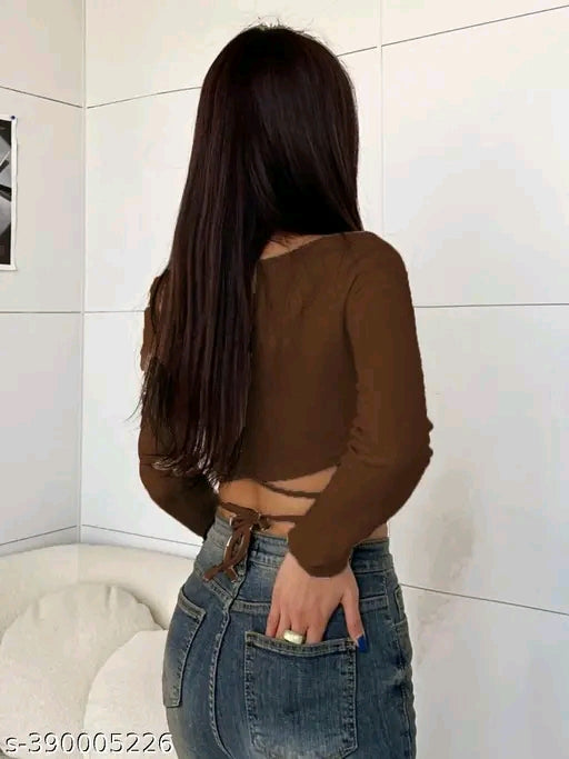 SQUARE NECK WAIST TIE CROP TOP FOR WOMEN FULL SLEEVE GIRL'S TEES