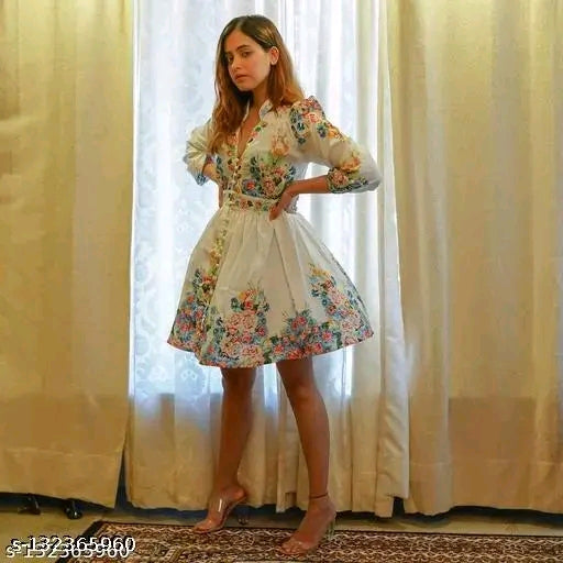 Puff Sleeves, Multicolor, Floral Printed, Knee Length Dress For Women
