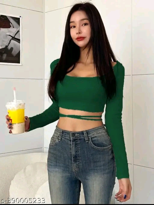 SQUARE NECK WAIST TIE CROP TOP FOR WOMEN FULL SLEEVE GIRL'S TEES
