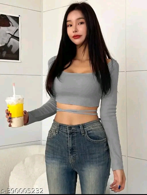 SQUARE NECK WAIST TIE CROP TOP FOR WOMEN FULL SLEEVE GIRL'S TEES