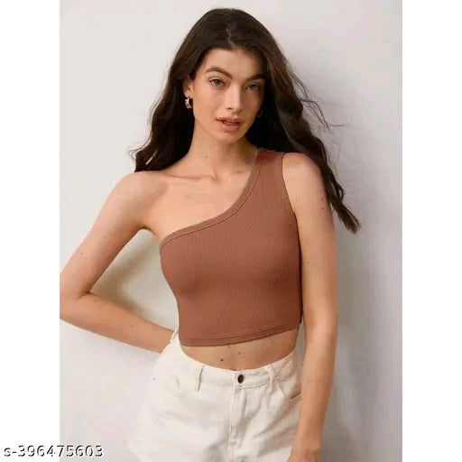Ribbed Solid One Shoulder Sleeveless Crop Top For Women