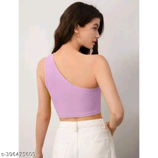 Ribbed Solid One Shoulder Sleeveless Crop Top For Women