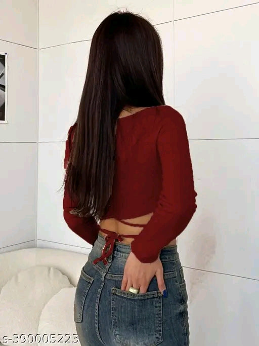 SQUARE NECK WAIST TIE CROP TOP FOR WOMEN FULL SLEEVE GIRL'S TEES