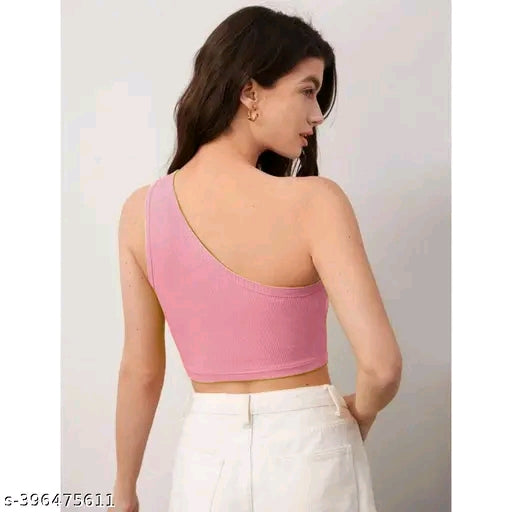 Ribbed Solid One Shoulder Sleeveless Crop Top For Women