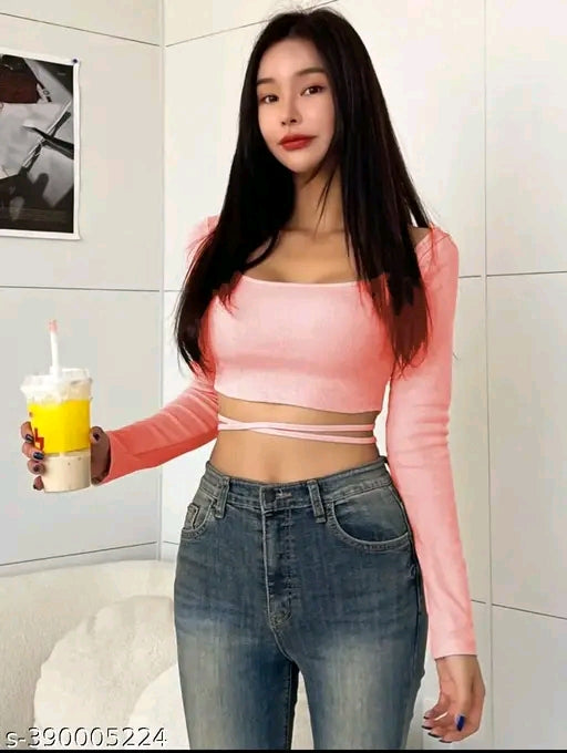 SQUARE NECK WAIST TIE CROP TOP FOR WOMEN FULL SLEEVE GIRL'S TEES