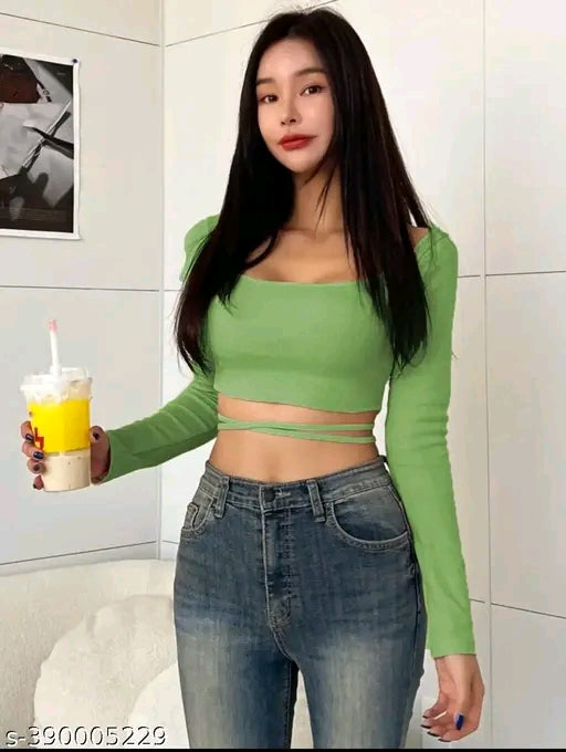SQUARE NECK WAIST TIE CROP TOP FOR WOMEN FULL SLEEVE GIRL'S TEES