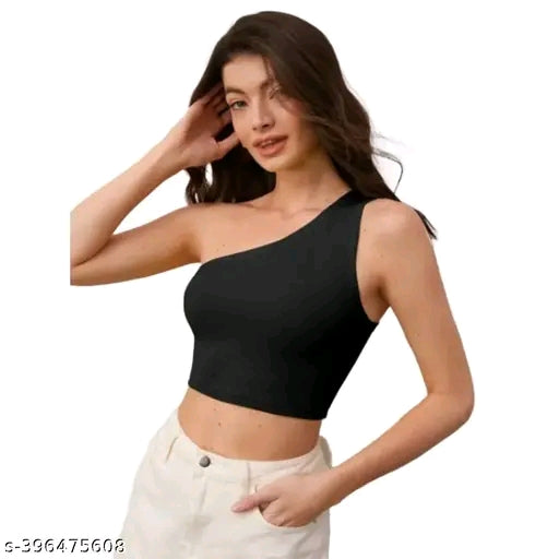 Ribbed Solid One Shoulder Sleeveless Crop Top For Women