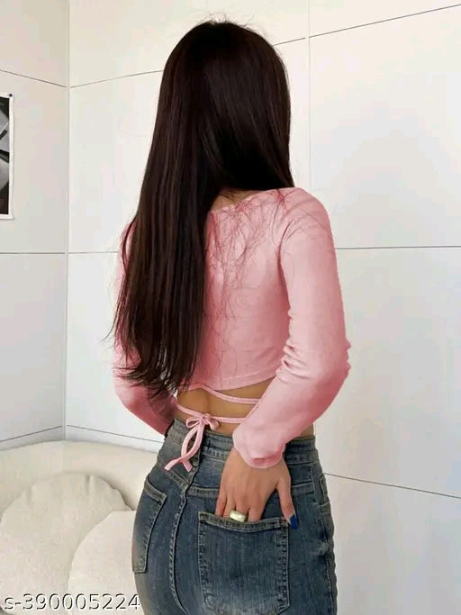 SQUARE NECK WAIST TIE CROP TOP FOR WOMEN FULL SLEEVE GIRL'S TEES