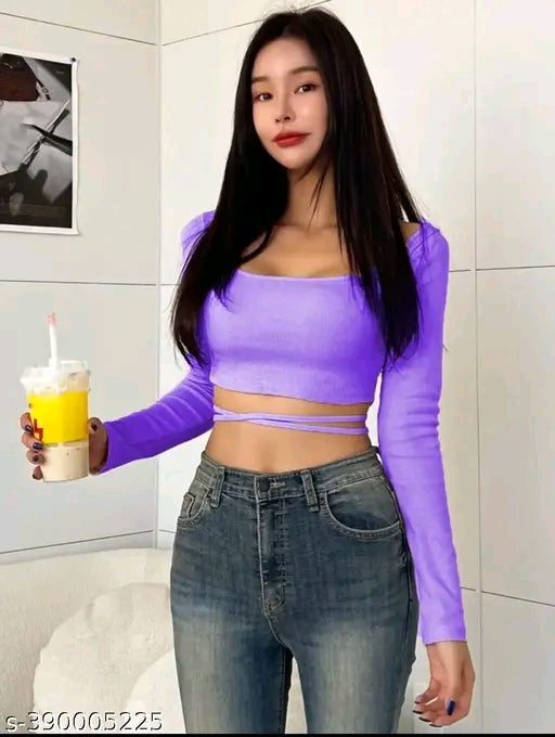 SQUARE NECK WAIST TIE CROP TOP FOR WOMEN FULL SLEEVE GIRL'S TEES