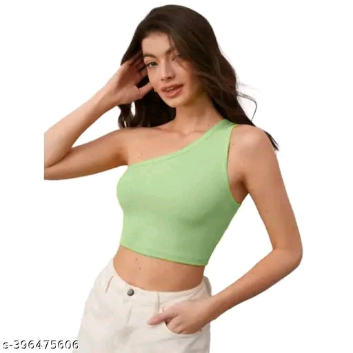 Ribbed Solid One Shoulder Sleeveless Crop Top For Women
