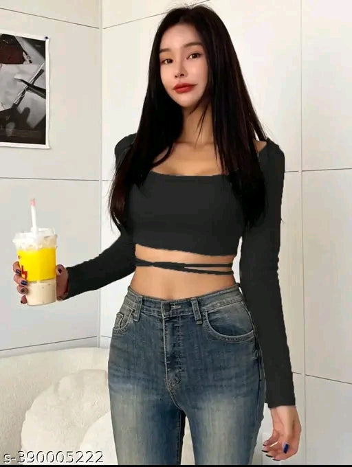 SQUARE NECK WAIST TIE CROP TOP FOR WOMEN FULL SLEEVE GIRL'S TEES